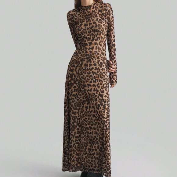 Brown Elegant Women's Leopard Print Digital Pattern Sexy Long maxi Dress - Picture 4 of 9